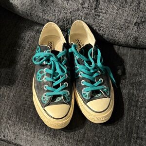 Converse Black and Teal Peace Sign Sneakers